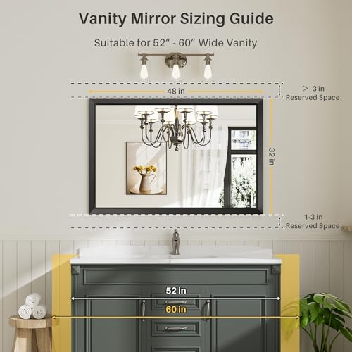 48x32 Inch Black Bathroom Mirror for Wall, Thick Metal Framed Rectangle Mirrors for Over Sink, Bedroom, Living Room, Entryway, Anti-Rust, HD Tempered Glass