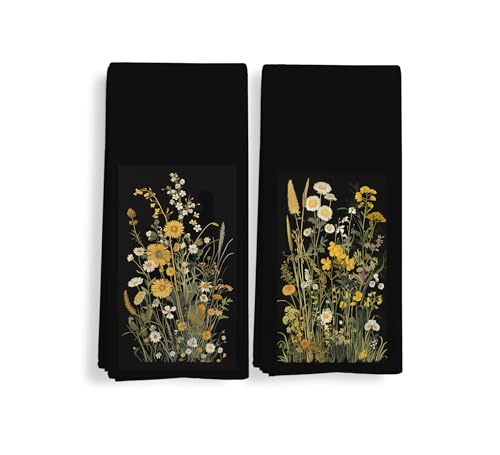 Qeheb Boho Vintage Floral Kitchen Towels, Botanical Dark Cottagecore Flowers Floral Decorative Kitchen Towels Set, Retro Floral Hand Dish Tea Towels for Farmhouse Kitchen Bathroom 16x24in