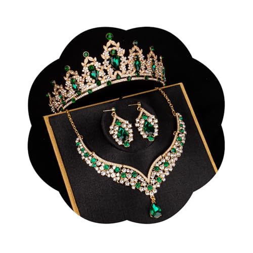 FIRCRE Crystal Bridal Jewelry Set Crowns and tiaras for women crown and jewelry sets for Party Halloween Prom Pageant Jewelry for Women (Gold Green)