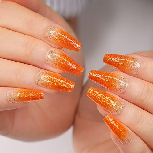 Kikmoya Medium Length False Nails Coffin Nails Tips Fake Nails Ombre Orange Press on Nails Glod Glitter Acrylic Nail Kit 24pcs Finger Manicure Stick on Nails for Women and Girls (Orange)