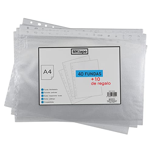 MKtape Lot de 50 pochettes en plastique transparent pour Folios A4 - Design multi-perceuse et dos renforcé - Idéal pour ranger et organiser vos documents Cover
