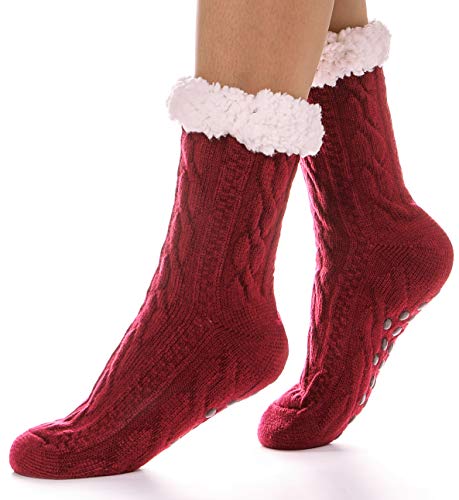 Womens Slipper Socks Fluffy Fuzzy Fleece Cozy Plush Cabin Non Skid Winter Huggle Socks Stocking Stuffers with Gripper?Red?