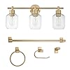 Globe Electric 51638 5-Piece All-in-One Bathroom Accessory Set, with Vanity, Brass, 3-Light Vanity Light, Glass Shades…