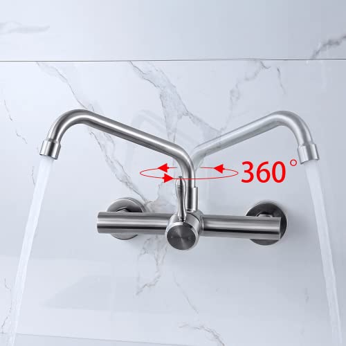 Flwueue Wall Mount Kitchen Sink Faucet 7.6-8.4 Inch Center, Commercial Kitchen Sink Faucet, Laundry Utility Sink Faucet, Lead-Free, Spout Reach 9.8" #TOP2