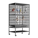 52 Inch Bird Flight Cage, Bird Cage with Wheels and Bird Feeder, Wrought Iron Standing Large with Rolling Stand for Small Parrot Sun Parakeet Green Cheek Conure Lovebird Budgie Finch Cage, Black