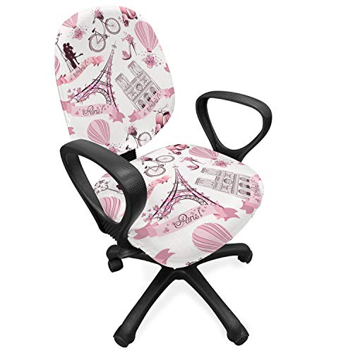 Ambesonne Paris Office Chair Slipcover, Valentines Day Theme with Eiffel Kissing Couple Hot Air Balloon Wedding Concept, Protective Stretch Decorative Fabric Cover, Standard Size, Rose Pink