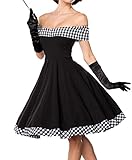 Swing-Kleid Schwarzes kurzes Swing Kleid im tiefem Schnitt mit Teilungsnaht und Tellerrock weiß kariert und schulterfrei bandeau XL