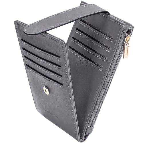 Image of Chelmon Women's RFID Slim Card Holder Wallet | Thin Bifold Multi Card Case with Zipper Coin Pocket Purse for Women(Light Grey Smooth)