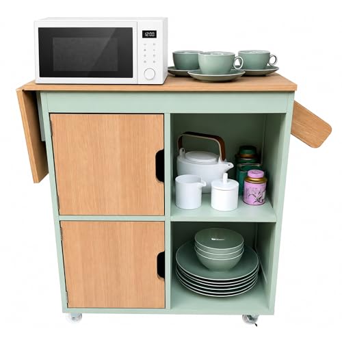 VIVEA FURNITURE Isla de Cocina con Ruedas, Carrito de Cocina de Madera Verde, Mueble Desayunador Pequeño Auxiliar con Encimera Extensible, Armario Móvil para Cafetera y Microondas