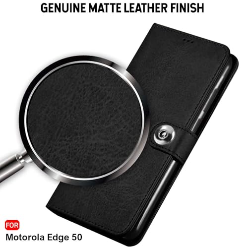 Image of TheGiftKart Flip Cover Back Case for Motorola Moto Edge 50 5G | Genuine Leather Finish | Designer Button | Inbuilt Pockets & Stand | Wallet Style Flip Case Cover for Moto Edge 50 (Faux Leather, Black)