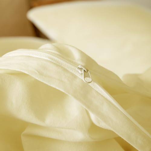 JIYUAN 100% Washed Cotton Duvet Cover Set 3 Pieces Cal King, 1 Duvet Cover 104x98 Inches(Comforter Not Included) and 2 Pillowcases,Linen Feel Bedding Set Comfy and Breathable,Light Yellow