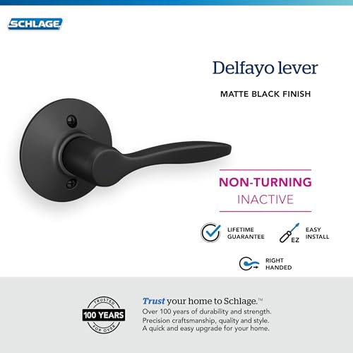 Image of Schlage Delfayo Non-Turning Dummy Door Handle, Right Handed, Matte Black | Non-turning dummy lever door handle with no latch or lock, Decorative pull, One sided, Easy to install, Certified durability