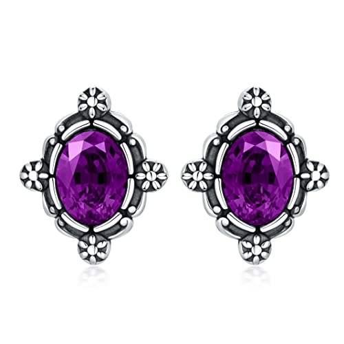 Vintage Amethyst Purple Studs Earrings Sterling Silver Victorian Retro Oxidized Earrings With Simulated Amethyst Purple February Birthstone Crystal #TOP23
