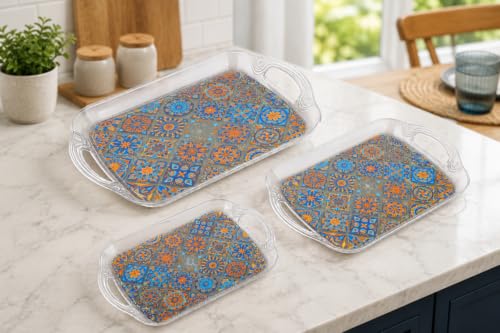 Image of Clazkit 3-Set Tray for Kitchen & Dining | Multipurpose Serving Tray with Easy-Grip Handles | Tea, Coffee, Snacks & Food Serving Tray