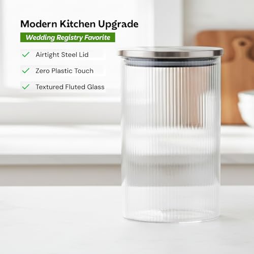 Image of amazon basics Fluted Glass Jars with Stainless Steel Lids, Set of 6, 600ml Decorative Kitchen Storage Containers for Snacks, Spices, Dry Fruits, Tea & Coffee