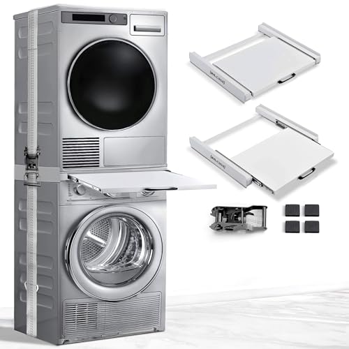 [en.casa] Universal Zwischenbaurahmen für Trockner & Waschmaschine (60cm Breite) - mit ausziehbarem Regal - Waschturm Verbindungsrahmen - Verbindung Alternative zu Waschmaschine Trockner Schrank