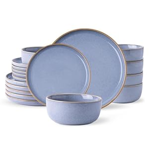 Ceramic Dinnerware Sets for 6, 18 Pieces Stoneware Plates and Bowls Sets, Scratch Resistant Dish Sets for Dinner, Dishwasher & Microwave Safe, Brunnera Blue