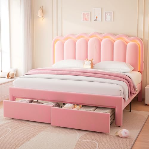 Velvet Upholstered King LED Bed Frame with 2 Storage Drawers and Adjustable Chic Double Wavy Headboard, Princess Platform Bed with Charing Station, Solid Wood Slats Support,No Box Spring Needed,Pink