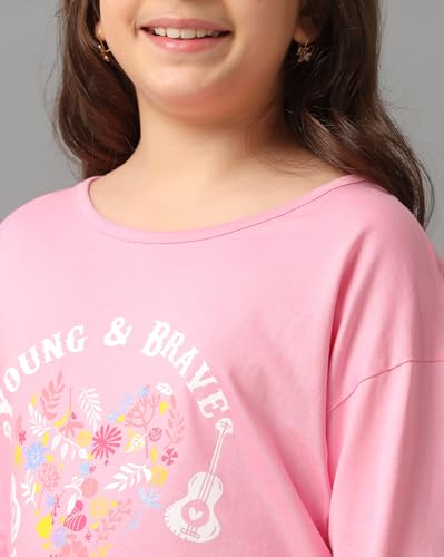 Image of Girls Cotton Tops Collection - Round Neck, Crop Top, Full & Half Sleeve, Drop Shoulder, Ruffle Sleeve, Graphic Printed, Embroidered & Slub Knit Styles, Soft Breathable Fabric for Kids Casual Wear