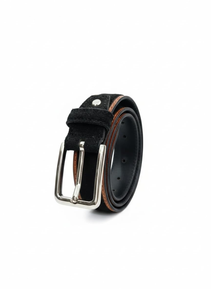 Men’s Suede Grain Genuine Leather Belt – Premium Black, Tan Leather Casual & Formal Belts with Contrast Edge and Metal Buckle-image-9
