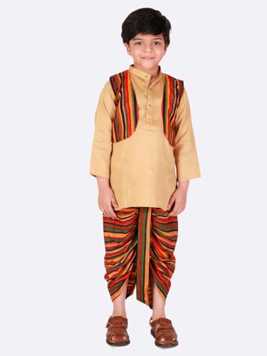 Image of superminis Boys Cotton Solid Jacket, Kurta Dhoti Set