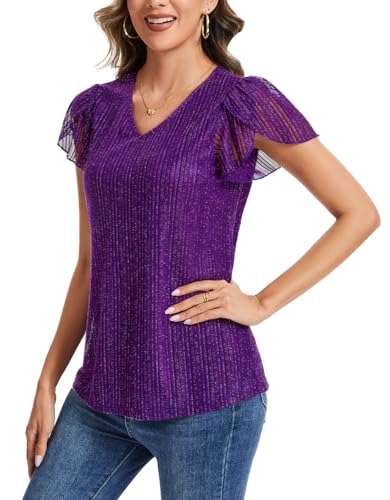 Womens Glitter Tops Short Sleeve Dressy V Neck Sparkly Casual Double Layers Shirts3