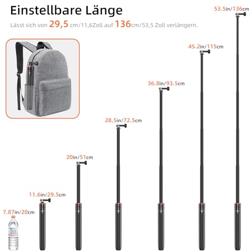 136cm Selfie Stick Stativ für DJI Osmo Pocket 4/3, GoPro Hero 13/12/11/10/9/Max2, DJI Action 6/5 Pro/4, AKASO EK7000 - Action Cam 2-in-1 Reisestativ/Halterung/Hand Grip/Zubehör
