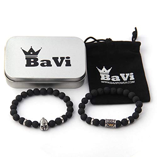 Bavipower Set Rune Bead Bracelet And Viking Warrior Helmet Lava Rock Volcanic Stone Bead Elastic Adjustable Bracelet Bangle (Black) #TOP5