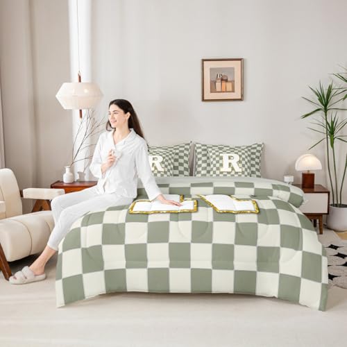 Image of Erosebridal Sage Green Checkered Queen Bedding Set 7 Piece Plaid Initial R Bed in A Bag with Sheets Personalized Monogram Comforter Set for Kids Adults,Fashion Grids Gingham Bed Sets