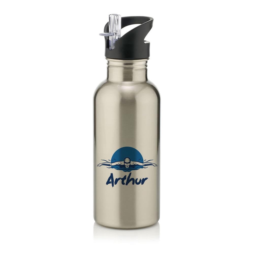 Getagift Personalised Swimmer theme, Sports gift, Swimming Lover Gift, Stainless Steel 600ml Water Bottle with Straw. (Silver)