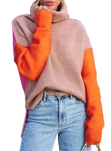 Dokotoo Womens Turtleneck Sweaters Casual Long Sleeve Color Block Side Slit Pullover Knit Jumper Tops
