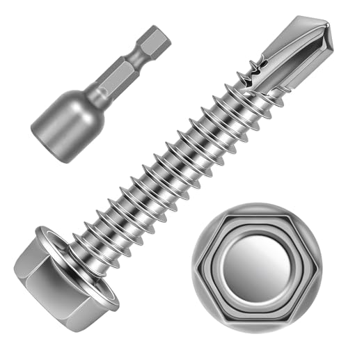 #12 x 1-1/4" Hex Washer Head Self Tapping Screws, TEK Screws, Self Drilling, Stainless Steel 410 Sheet Metal Screws, 50 PCS