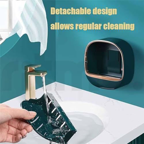 Image of Ritmo Soap Dish - Space Saving Waterproof Wall Mounted Box for Shower With Drain and Flip Lid (Dark Green)