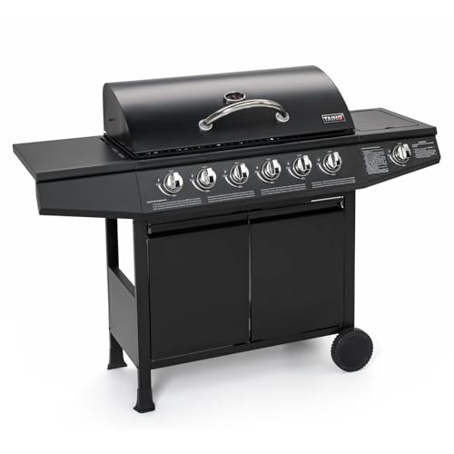 TAINO® Gasgrill BBQ Grillwagen 6 Edelstahl-Brenner 1 Seitenkocher Gas-Grill TÜV Farbe Schwarz (6+1)