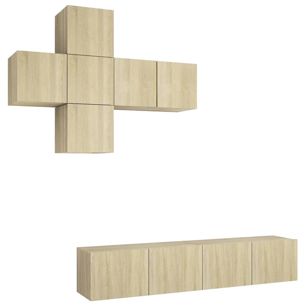 Mur de salon modulaire chêne Sonoma : meuble TV suspendu idéal pour ranger vos magazines et multimédia