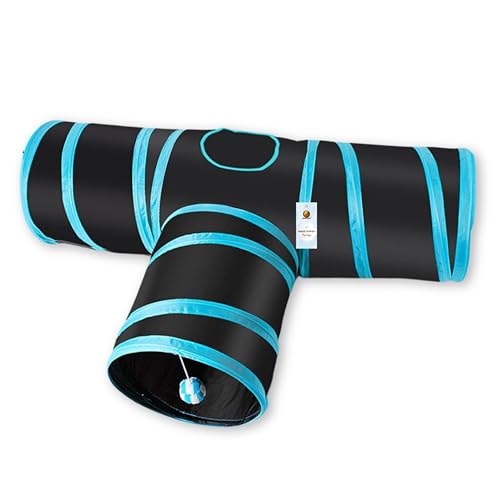 Image of Foodie Puppies Interactive Lightweight Foldable T-Shape Tube Hiding Tunnel with Hanging Ball - Perfect for Small Cats, Kittens, Rabbits and Guinea Pigs (Blue Black)