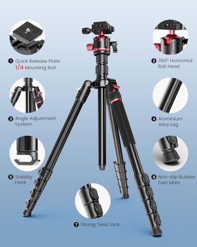 Image of CAMBOFOTO 74 inch Professional Camera Tripod & Monopod with Carry Bag | Ball Head Aluminum Photography DSLR Tripod, Compatible with Binoculars Laser Telescope (Weight 3 Lbs, 13Lbs Load)
