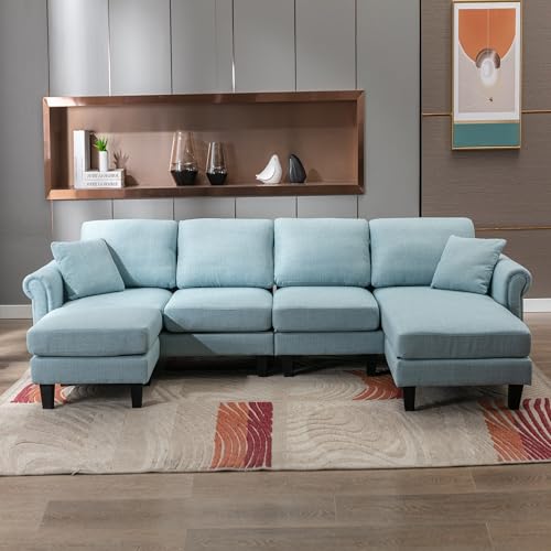 Image of Nathan 6 Seater L Shape Sofa with Centre Table | 6 Seater Sofa Set for Living Room | Premium Fabric Sofas (Nathan LightBlue, RHS)