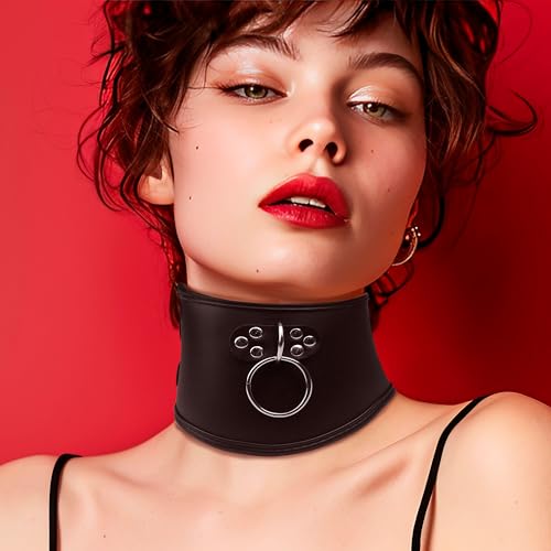 Lockable Neck Collar with O ring, Adjustable Double Belts, Leather Chokers Punk Necklace for Men Women Woman Male Human Adults Halloween Bar Stage Cool Life People, Padded Cotton Locking Collars Black3