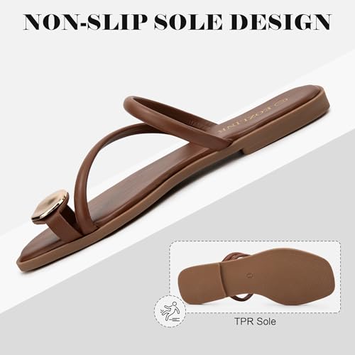 Image of Eozlink Women's Toe Ring Flat Sandals, Slip On Dressy Summer Slides | PU upper with square toe and metal accent for resort and casual outfits