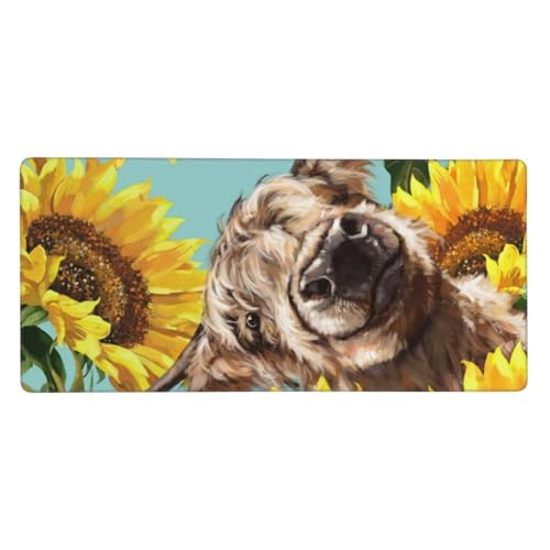 Tapis de souris grand format 40x90 cm avec motif vache et tournesols pour bureau