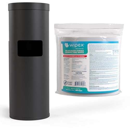 Wipex Gym Wipes Bundle: (1) Premium Black Wipe Dispenser with Trash Bin - Stainless Steel and (1) 800ct Disinfecting Gym Wipes Refill Roll - Suitable Use for School, Office, Gym, and Public Venues