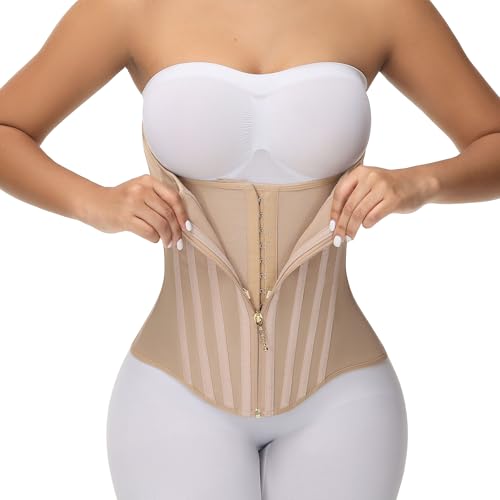 SHAPSHE Waist Trainer for Women Tummy Control Faja Body Shaper Workout Cincher Corset Sport Hourglass Band with Zipper Tan XS