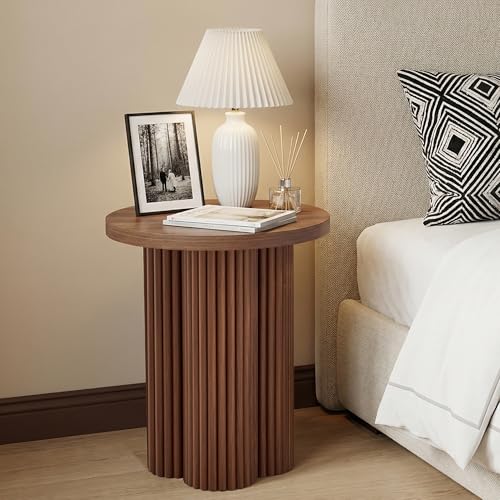 Image of Round Fluted End Table, 17.7'' Mid Century Modern Side Table, Circle Bedside Tables Drink Table Wood Nightstand for Small Spaces, Living Room (Walnut-1PCS)