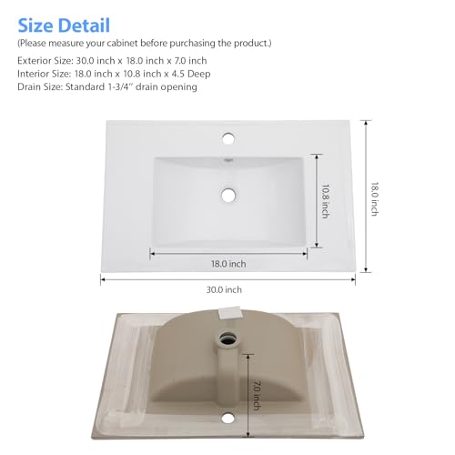 Lordear LVT30H1 White Bathroom Sink One Hole Drop In 30 X 18 Inch One Holes Porcelain Ceramic Bathroom Vanity Top Sink Basin thumb #6