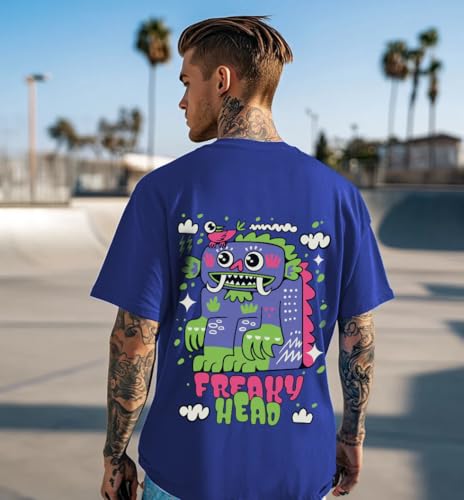 Image of Veirdo Pure Cotton Oversized Baggy Fit Drop Shoulder Stylish and Graphic Printed Round Neck Half Sleeves T-Shirt for Men (Available Color Options: Black, Green, Royal Blue, Lilac & Sky Blue)