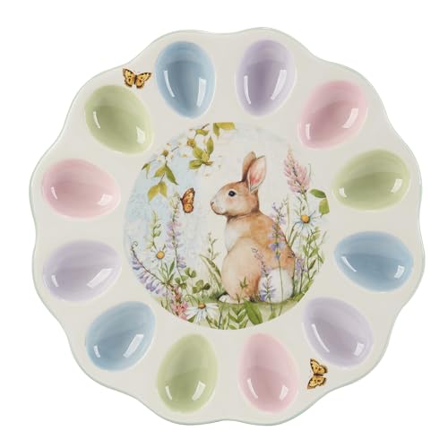 Easter Meadow 12.25-Inch Ceramic Deviled Egg Plate – Whimsical Bunny & Floral Design, Perfect for Deviled Eggs, Easter Treats & Small Appetizers – Dishwasher Safe