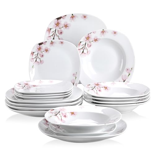 VEWEET, Series Annie, 18-Piece Ivory White Ceramic Porcelain Dinnerware Set With Pink Floral Pattern, For 6