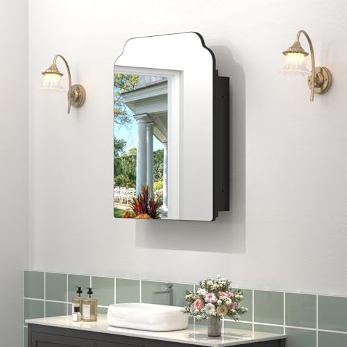 Image of 20 inchx26 inch Black Irregular Recessed Medicine Cabinet Mirror, Frameless Victorian Bathroom Decorative Mirror with Storage, Surface Mount Medicine Cabinets for Bathroom, Full Metal, 2 Removable Shelves