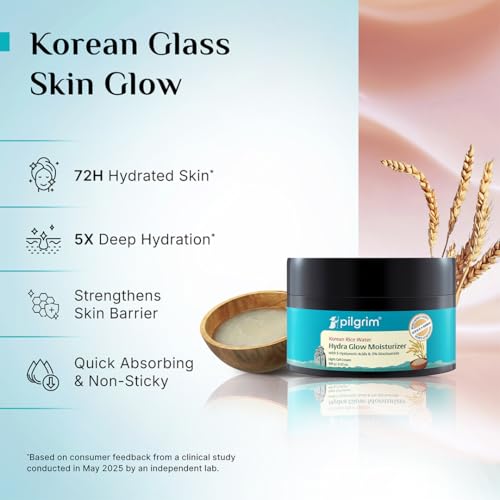 Image of Pilgrim Korean Rice Water Hydra Glow Moisturizer 100Gm with 5 Hyaluronic Acids, 3% Niacinamide, 5 Ceramides | 5x Hydration & Instant Glass Skin | Oil-Free, Lightweight Gel | All SkinTypes | Women,Men